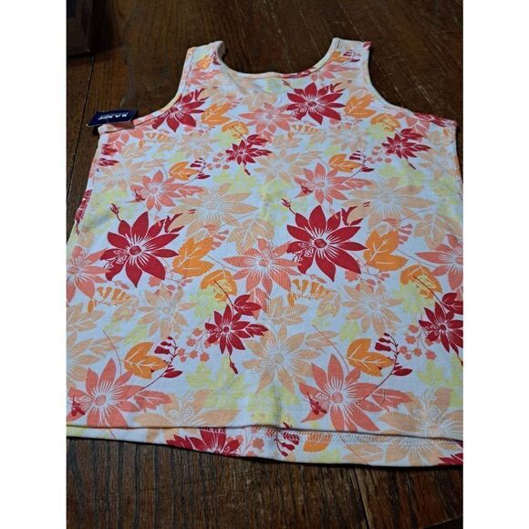 New Large Basic Editions Sleeveless Cotton Floral Tank Top Red Coral Yellow NWT - Picture 4 of 7